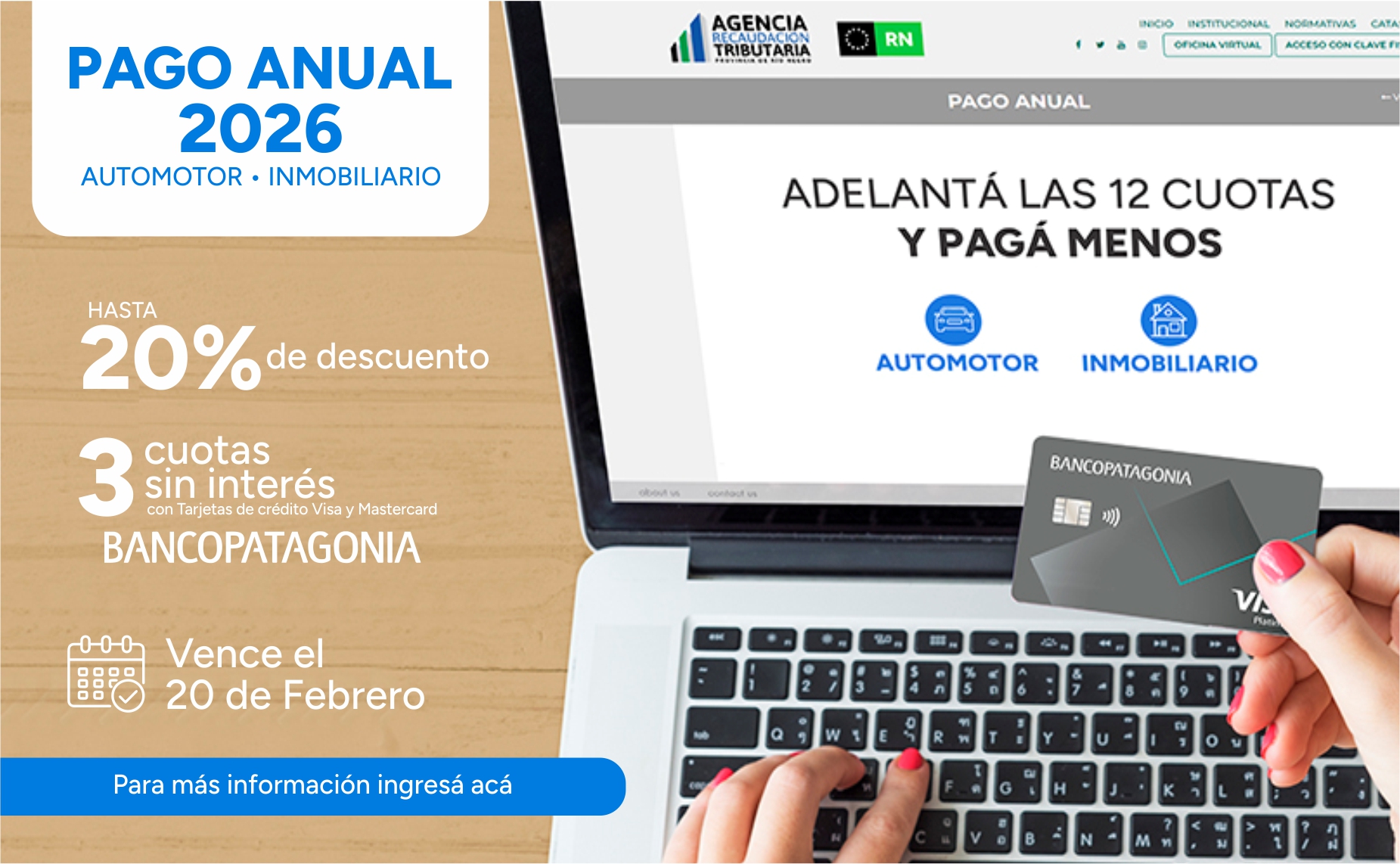 Pago Anual 2026 - Hasta 3 cuotas con tarjetas de cr&eacute;dito de Banco Patagonia